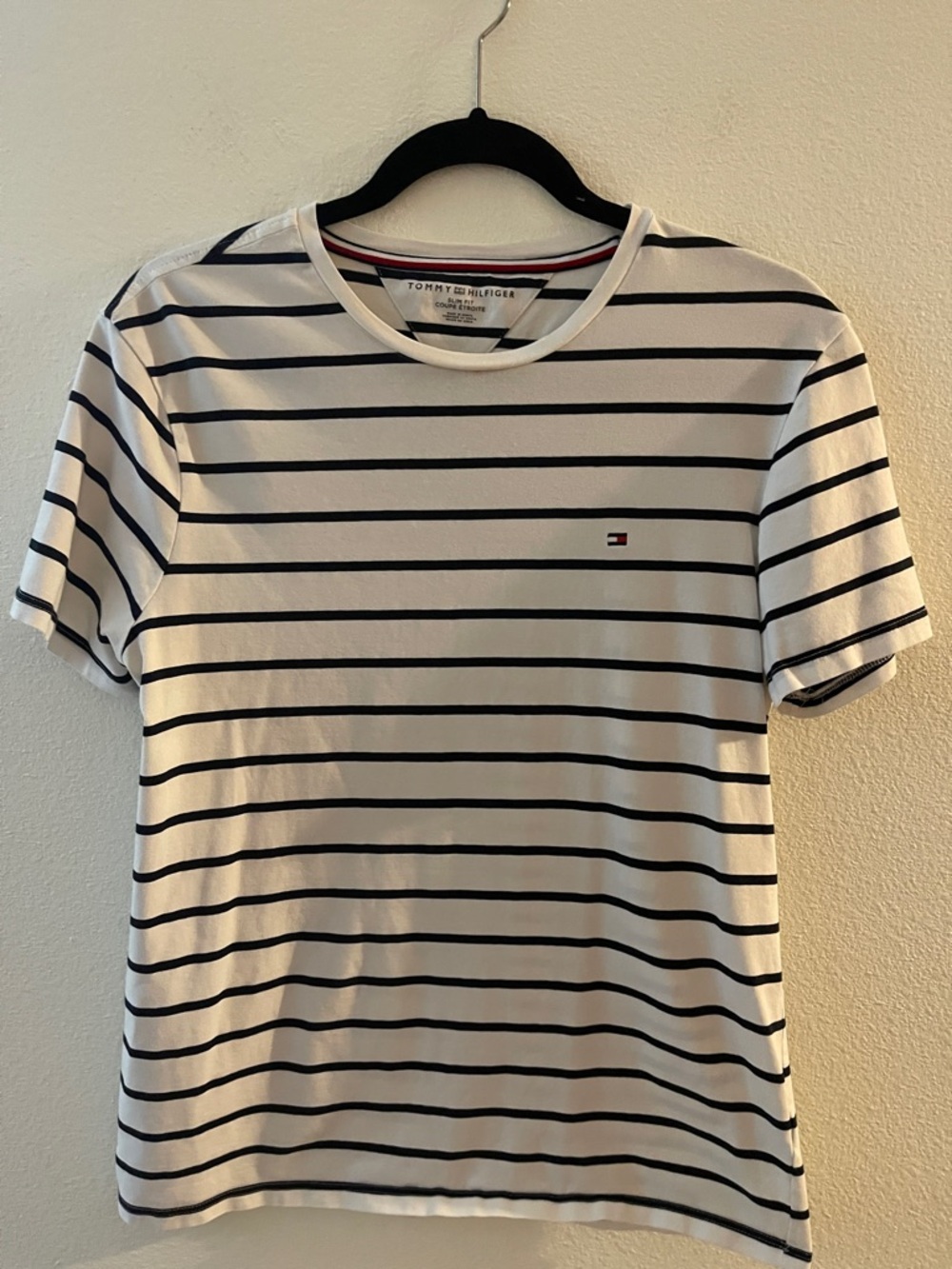 Tommy Hilfiger White and Navy Striped Crew Neck Tee